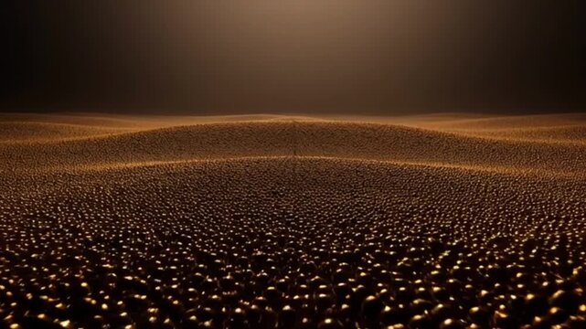 Golden particles flowing in a wavy pattern on a dark background.