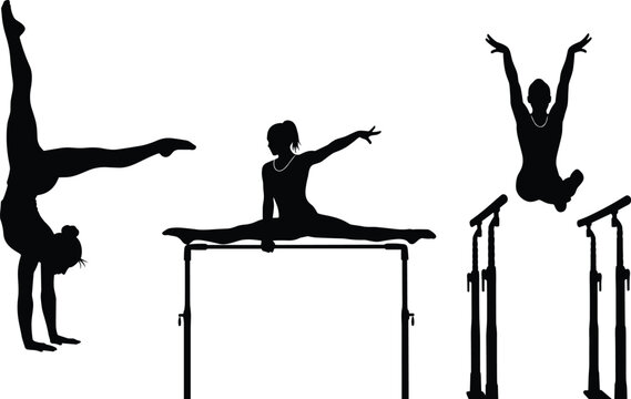 Gymnast silhouette vector illustration, gymnastics icons, black sports artwork, uneven bars design, athletic balance symbol, flexibility graphic, aerial movement