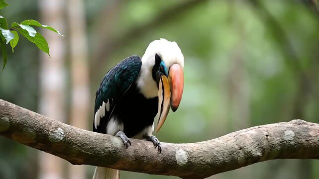 Wildlife hornbill perched on a tree branch in a forest, showcasing vibrant plumage and a large beak.