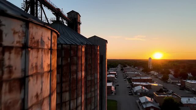Rusty grain silos overlook a small town at sunset