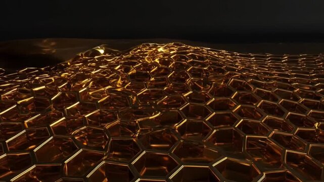Golden honeycomb structure with illuminated hexagons in dark background.