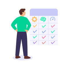 Framework Evaluation, reviewing effectiveness of operational structures, Flat vector character illustration