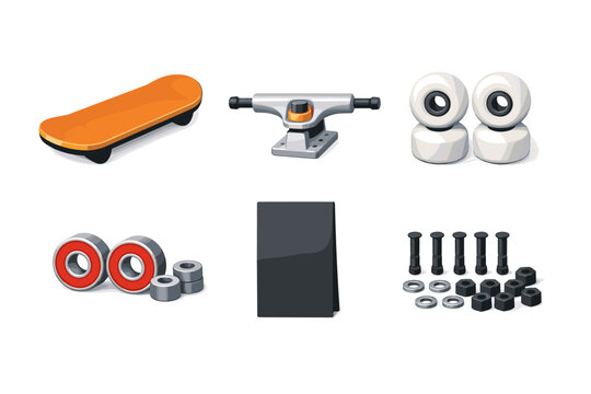 Skateboard parts laid out for assembly: deck, trucks, wheels, bearings, hardware