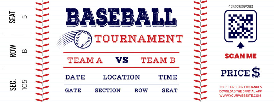 Baseball tournament ticket template with red stitching borders. Vector vintage admission pass design with QR code. Sport event paper coupon illustration. Baseball ticket illustration