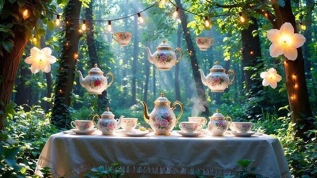 Tea set in enchanted forest