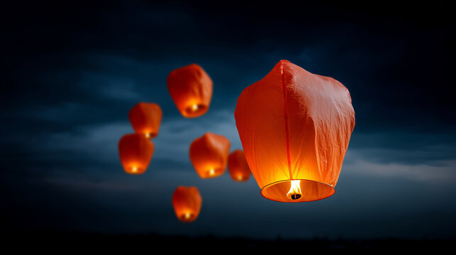 thousands of floating sky lanterns rising into a deep black night sky during the Loy Krathong / Yi Peng festival in Chiang Mai, Thailand with copy space