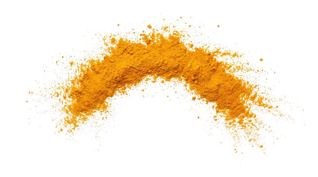 Arc of bright orange turmeric powder scattering in air with fine spice particles falling