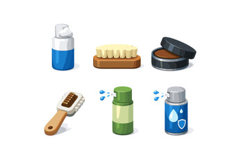 Collection of shoe care products including brushes, sprays, and polish for maintaining footwear