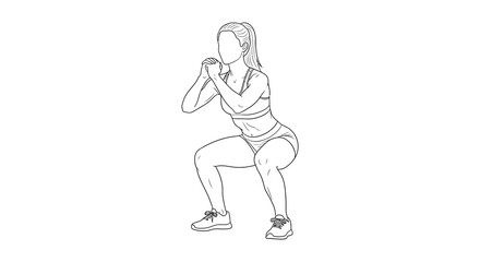Fototapeta premium A black and white line drawing depicts a woman performing a squat exercise demonstrating proper form and posture for fitness
