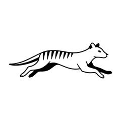 Naklejka premium A minimalist digital illustration of the Thylacine, or Tasmanian tiger, captured mid-jump. Elegant lines, muted earthy colour, and subtle stripes highlight the sleek, dynamic movement of this extinct 