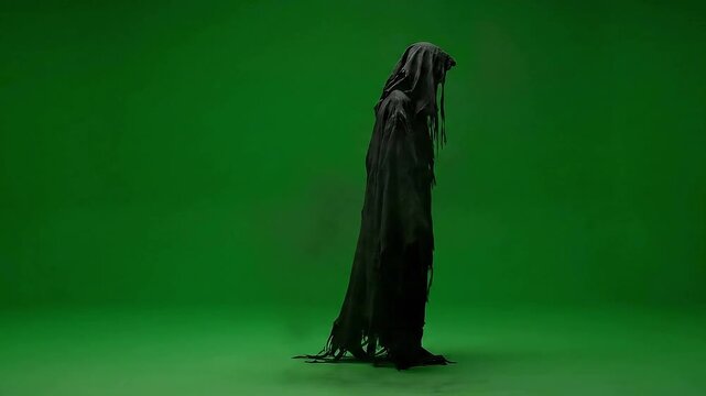 Hooded Grim Reaper Walking Side View on Green Screen