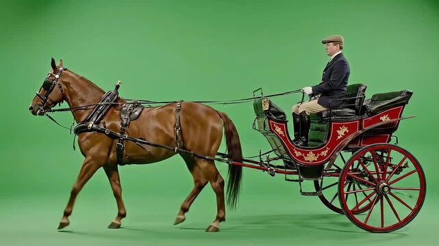Horse Drawn Vintage Carriage with Coachman on Green Screen
