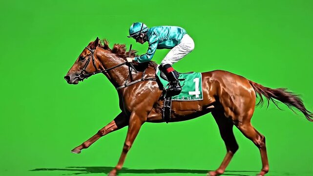 Racehorse with Jockey Galloping on Green Screen Background