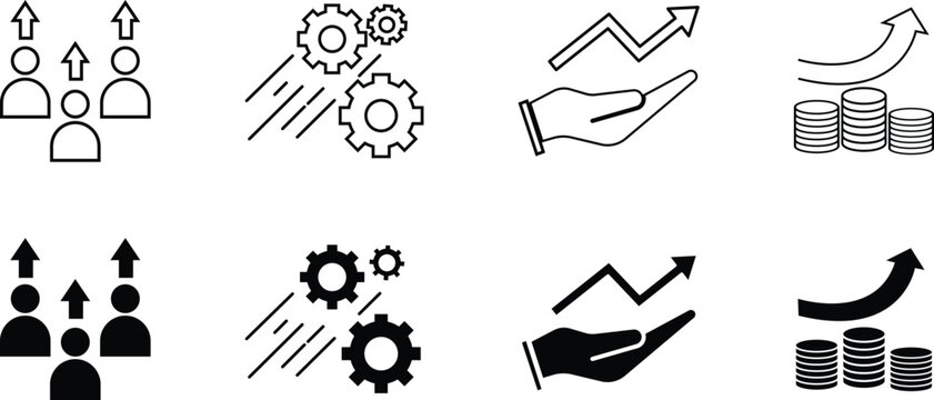 Business Management and Corporate Growth Line Icon Set with Leadership and Finance Symbols