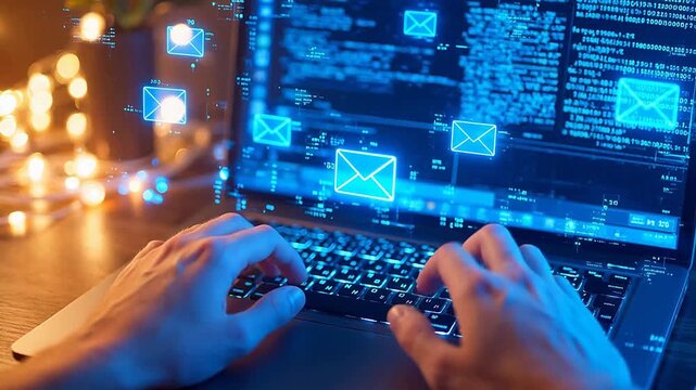 Hands typing on laptop with digital icons