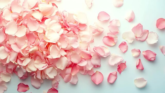 Beautiful pink rose petals slowly fall and accumulate on a light blue background, creating a romantic and gentle scene