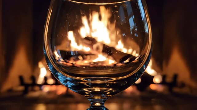 Warm comforting fireplace flames seen through glass in cinematic close up