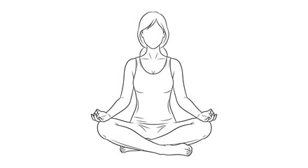 A black and white line drawing depicts a woman in a meditative lotus position demonstrating yoga and mindfulness practices with serene posture © ArtBySalea07