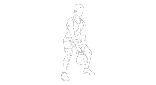 A black and white line drawing depicts a man performing a kettlebell swing exercise with focused athletic posture and form