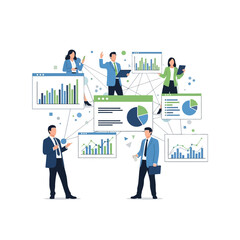 Business professionals analyzing data and graphs in a collaborative environment.