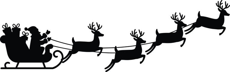 Santa Claus silhouette riding sleigh with gifts, reindeer flying in winter sky, Christmas holiday icon, festive vector illustration, seasonal decoration © Creative Rejia