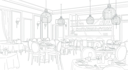 Elegant black and white line art drawing depicting the interior of a sophisticated dining room or fine dining restaurant set up completely for service with a prominent bar area in the background. © Malik 