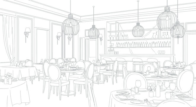 Elegant black and white line art drawing depicting the interior of a sophisticated dining room or fine dining restaurant set up completely for service with a prominent bar area in the background.