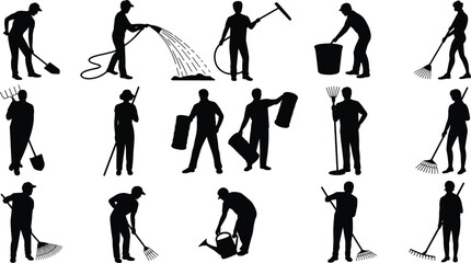 Black vector silhouette set of professional gardeners and farm workers using shovels rakes and watering hoses for backyard landscaping agricultural maintenance and nursery branding design © Farzana
