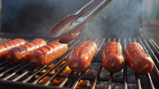 Grilling Juicy Sausages on Outdoor BBQ Grill with Open Flames