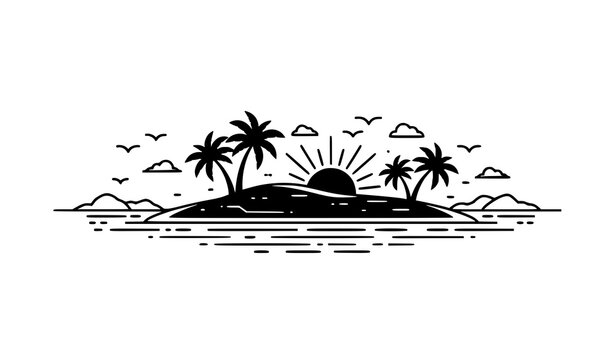 Minimal Island Silhouette Landscape Black and White Long Banner Vector