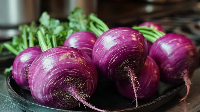 Cooking with purple turnips in the kitchen with fresh greens ready for use