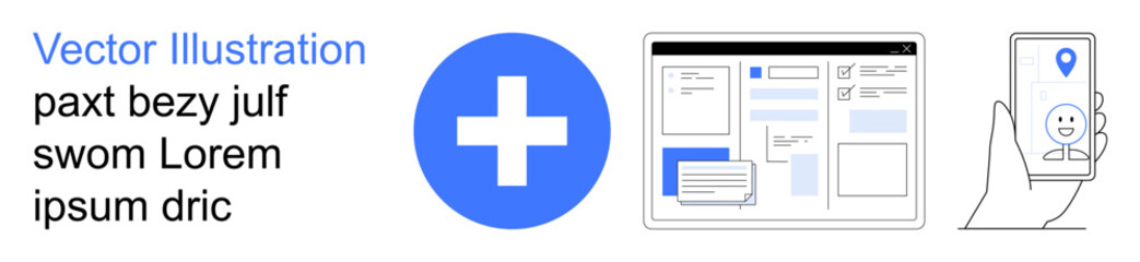 Obraz premium Healthcare, telemedicine, mobile apps, online services, user interface, medical technology. Blue medical cross, app interface on a screen hand holding smartphone with location pin. Healthcare