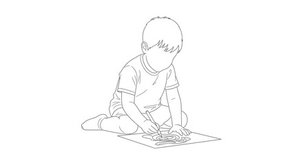 A black and white line drawing depicts a young child seated on the floor appearing to draw or write on a sheet of