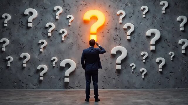 Man in suit facing wall with glowing question mark