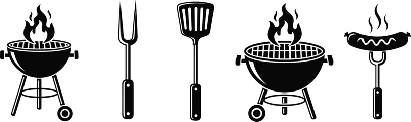 Barbecue grill and BBQ tools silhouette set, charcoal barbecue, spatula, fork, sausage, outdoor cooking, summer picnic icon collection