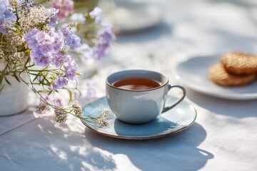 Fototapeta premium spring morning, ceramic cup of tea on pastel saucer, delicate blooming flowers, sunlight. airy atmosphere, calm, freshness, cozy lifestyle, slow living, elegant seasonal breakfast, afternoon tea.