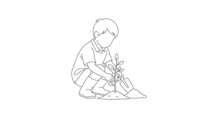 Obraz premium A black and white line drawing depicts a young boy kneeling and carefully planting a small leafy plant in a small patch of