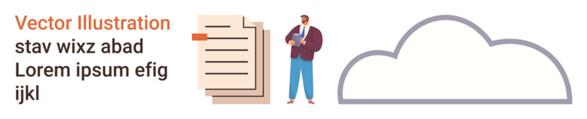 Obraz premium Data storage, cloud computing, document organization, business management, file sharing, digital services. Person standing next to papers and a cloud icon. Data storage and cloud computing