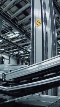 warehouse conveyor carrying stacked boxes through high bay facility, automated sorting and packaging flow, metal rails and safety signage under fluorescent lighting, ecommerce distribution scene