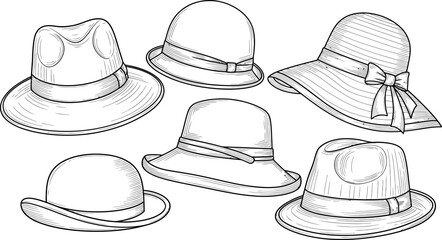 Collection of six vintage style hats including fedora cloche sun hat and bowler designs rendered in detailed black and white line art illustration suitable for coloring