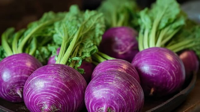 Fresh purple turnips displayed on a black tray in a kitchen setting with green leaves visible around noon