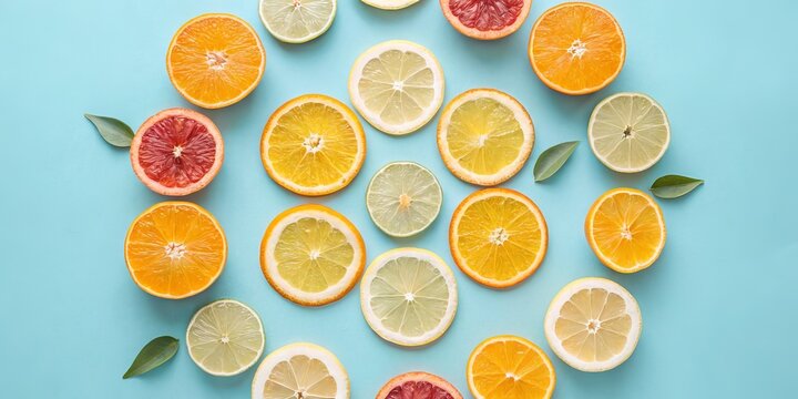 Flat lay arrangement of vibrant sliced citrus fruits, oranges, lemons, limes, and grapefruit, on a pastel blue background with fresh green leaves