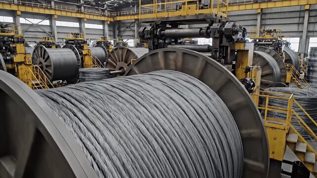 Massive industrial spool of thick metal cable in a factory setting