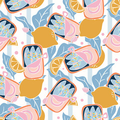 Cotton fabric Hand drawn seamless pattern with Mediterranean tinned sardines and fresh yellow lemons on blue and white striped background for textile and wallpaper use