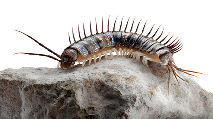 Fototapeta premium Close up of a dark millipede crawling across a rough gray rock surface in natural light.