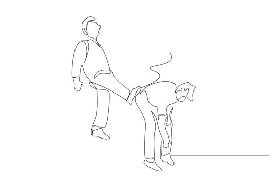 Ugly Man Kicking from Behind Laughing Bully One Line Art Illustration
