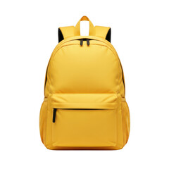 A vibrant yellow backpack with black straps and buckles, perfect for school or travel. isolated on transparent background