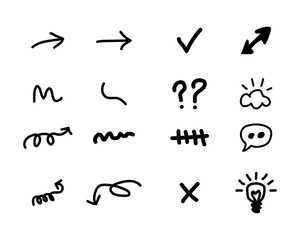 A creative set of hand drawn question marks and arrows featuring a sketch style vector illustration of alphabet letters and education symbols for school art design
