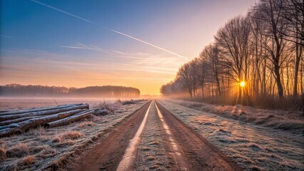 Frosty Dirt Road at Cold Sunrise in Late Autumn Landscape