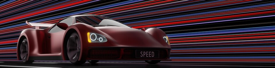 Fototapeta premium Low Angle Front View of a Red Supercar Moving Fast - 3d illustration